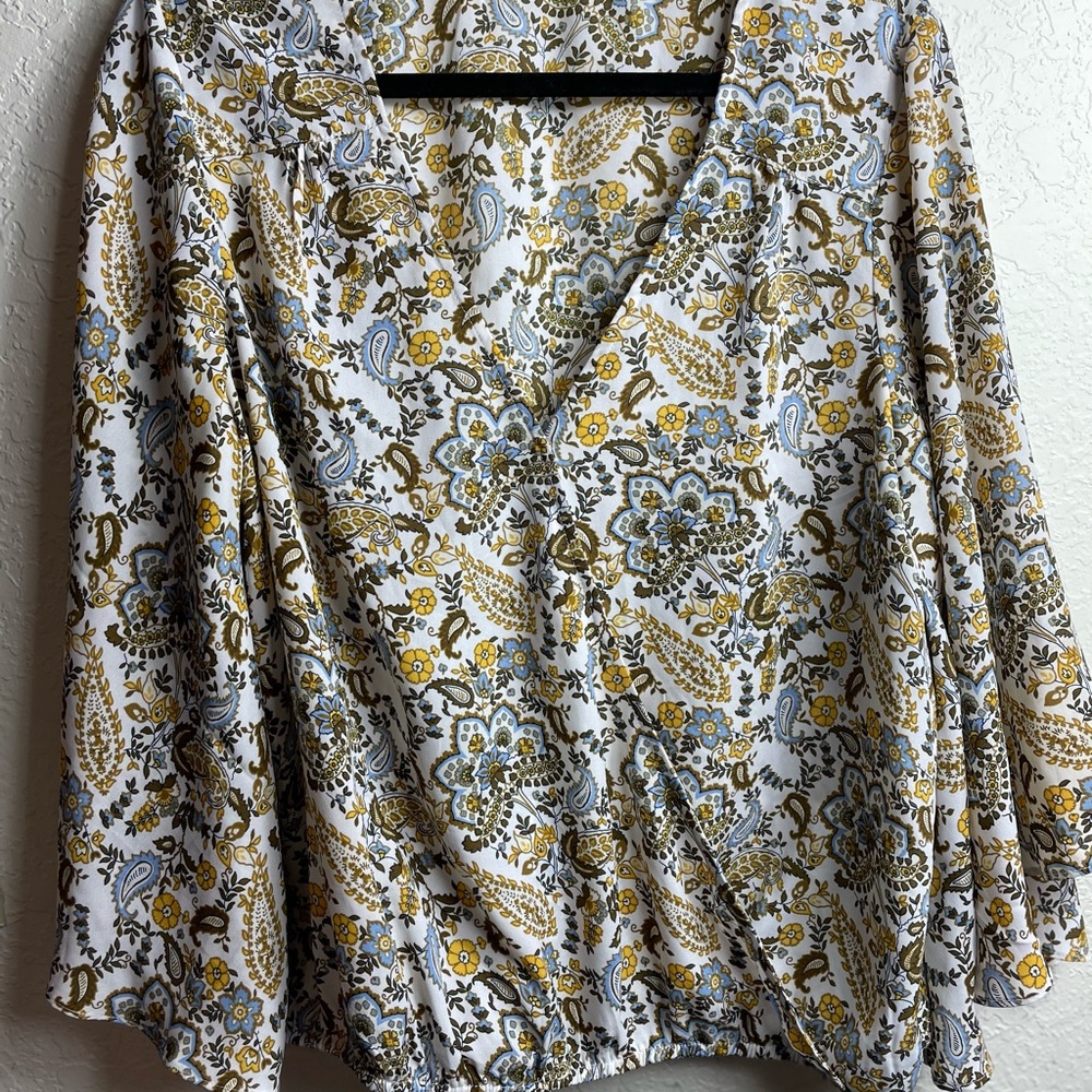 Floral V-Neck Blouse - Yellow and Blue